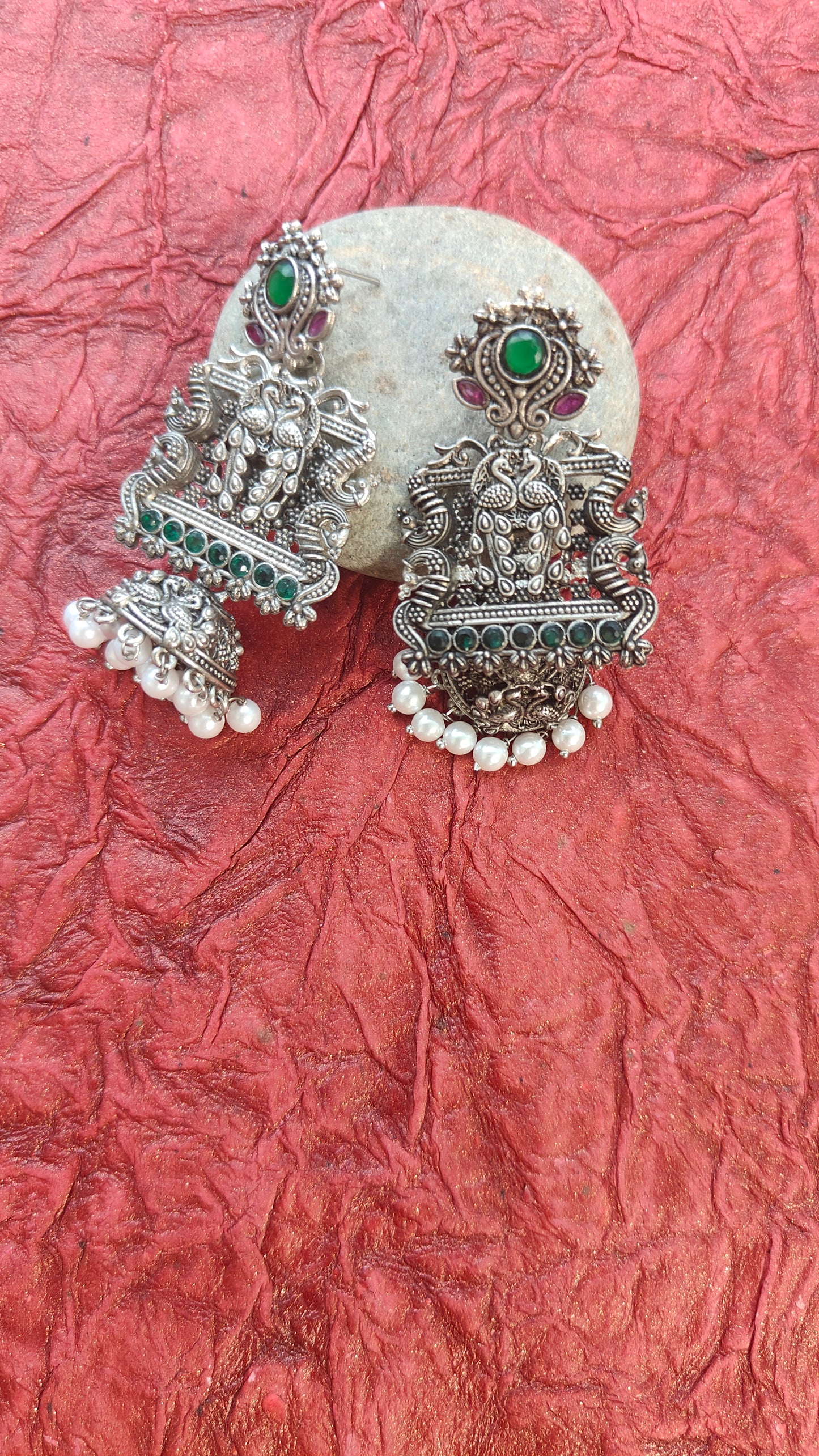 Moonstruck Fashion Jewellery Oxidized Silver Jhumka Earrings with Green & Pink Stones, Pearl Fringe - Traditional Temple Style Peacock Earrings for Women, Ideal for Weddings, Ethnic Wear
