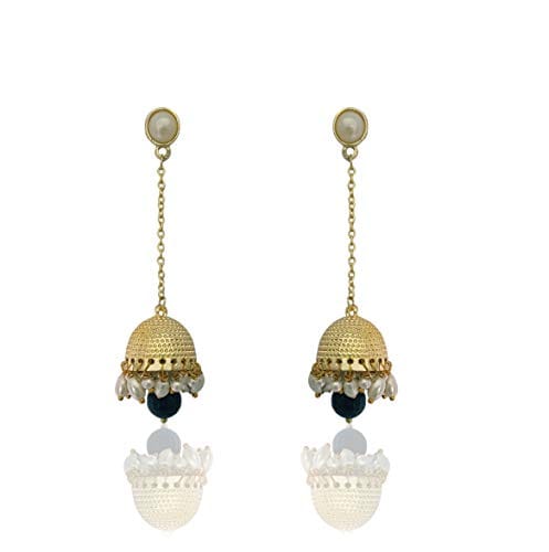 MoonStruck Traditional Black Non-Precious Metal Alloy and Pearl Long Drop Chain Dangler Pearl Jhumka Earring for Women and Girls - www.MoonstruckINC.com