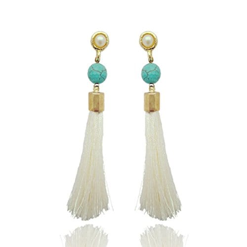 Moonstruck Gold Plated Thread Long Tassel Earring for Women & Girls (Off-White & Turquoise) - www.MoonstruckINC.com