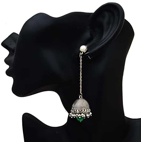 Moonstruck Traditional Golden Long Drop Chain Dangler Pearl Jhumka Earring for Women Girls (Oxidized Emerald) - www.MoonstruckINC.com
