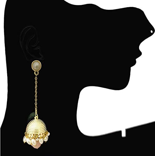 MoonStruck Traditional Non-precious Metal Alloy and Pearl Long Drop Chain Dangler Pearl Jhumka for Women & Girls, White - www.MoonstruckINC.com