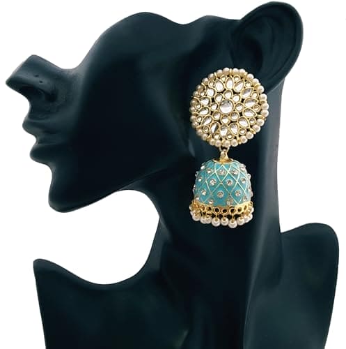 Moonstruck Traditional Inidian Golden Meenakari Jhumka/Jhumki Earrings With Pearls for Women (Blue) - www.MoonstruckINC.com