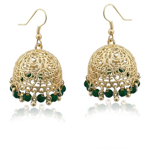 Moonstruck Traditional Indian Golden Jhumka Earrings for Women/Golden Ethnic Jhumki Earrings With Emerald Green Beads (Green) - www.MoonstruckINC.com