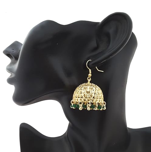 Moonstruck Traditional Indian Golden Jhumka Earrings for Women/Golden Ethnic Jhumki Earrings With Emerald Green Beads (Green) - www.MoonstruckINC.com