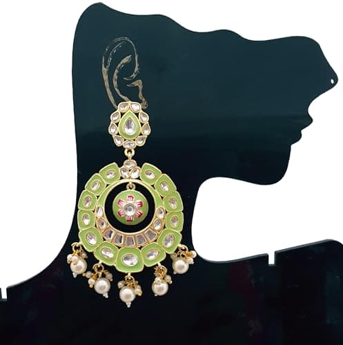 Moonstruck Traditional Indian Chandbali Enamel Kundan Earrings With Pearls for Women (Green) - www.MoonstruckINC.com