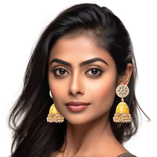 Moonstruck Traditional Indian Dome Shaped Golden Jhumka/Jhumki Earrings with Meenakari & Pearls for Women (Yellow) - www.MoonstruckINC.com