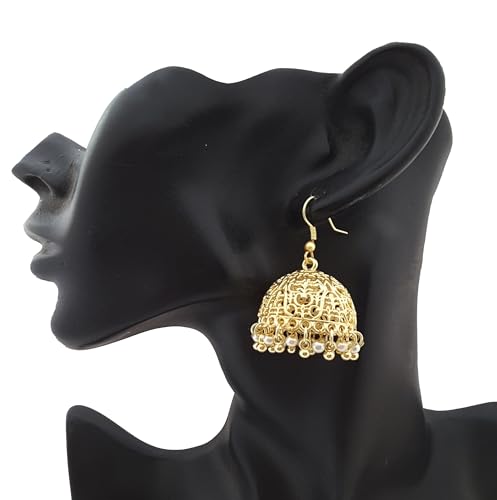 Moonstruck Traditional Indian Golden Jhumka Earrings for Women/Golden Ethnic Jhumki Earrings with Pearl Beads (Gold) - www.MoonstruckINC.com