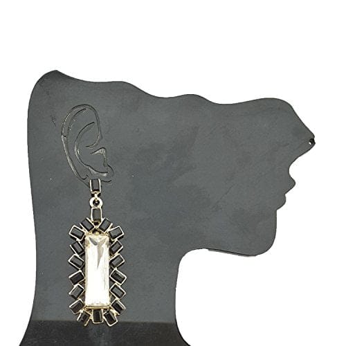 Black & Grey Artificial Stone Studded Tasseled Geometric Drop Earrings