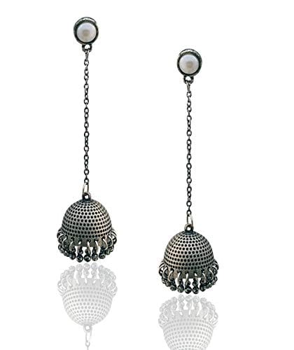 Moonstruck Traditional Oxidised Long Drop Chain Dangler Beaded Jhumka Earring for Women Girls (Oxidised) - www.MoonstruckINC.com