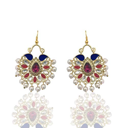 Moonstruck Traditional Indian Chandbali Gold Plated Metal Hoop Earring With Pearl for Women And Girls Wedding Stylish Party Wear (Blue) - www.MoonstruckINC.com