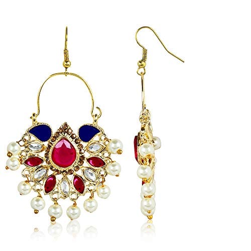 Moonstruck Traditional Indian Chandbali Gold Plated Metal Hoop Earring With Pearl for Women And Girls Wedding Stylish Party Wear (Blue) - www.MoonstruckINC.com