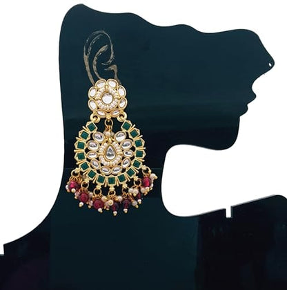 Moonstruck Traditional Indian Chandbali Kundan Earrings With Pearls for Women (Green & Pink) - www.MoonstruckINC.com