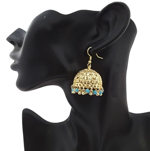 Moonstruck Traditional Indian Golden Jhumka Earrings for Women/Golden Ethnic Jhumki Earrings with Turquoise Beads (Turquoise) - www.MoonstruckINC.com