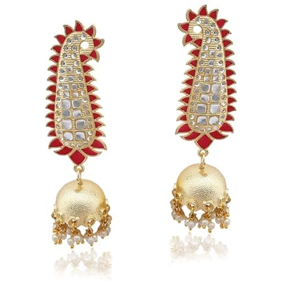Moonstruck Traditional Inidian Golden Paisley Jhumka/Jhumki Earrings With Pearls for Women (Pink) - www.MoonstruckINC.com
