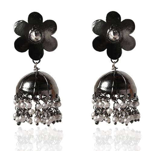 Moonstruck Traditional Indian Dome Shaped Floral Lightweight Oxidised Jhumka/Jhumki Earrings With Pearls for Women (Oxidised) - www.MoonstruckINC.com