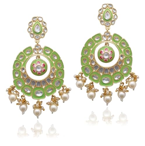 Moonstruck Traditional Indian Chandbali Enamel Kundan Earrings With Pearls for Women (Green) - www.MoonstruckINC.com