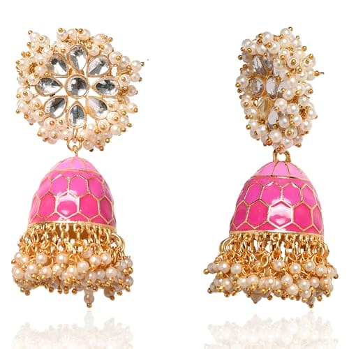 Moonstruck Traditional Indian Dome Shaped Golden Jhumka/Jhumki Earrings with Meenakari & Pearls for Women (Rani Pink) - www.MoonstruckINC.com