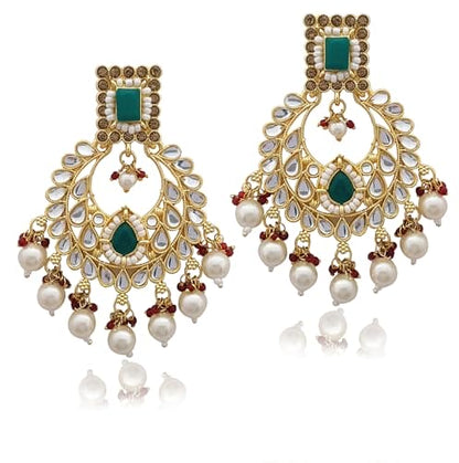 Moonstruck Traditional Indian Chandbali Kundan Earrings With Pearls for Women (Green & Maroon) - www.MoonstruckINC.com