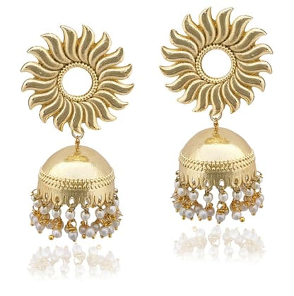 Moonstruck Traditional Indian Golden Sun Jhumka/Jhumki Earrings With Pearls for Women (Gold) - www.MoonstruckINC.com
