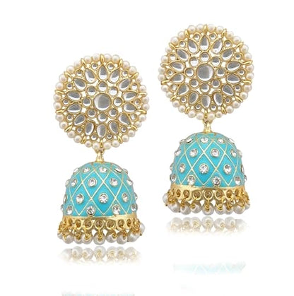 Moonstruck Traditional Inidian Golden Meenakari Jhumka/Jhumki Earrings With Pearls for Women (Blue) - www.MoonstruckINC.com