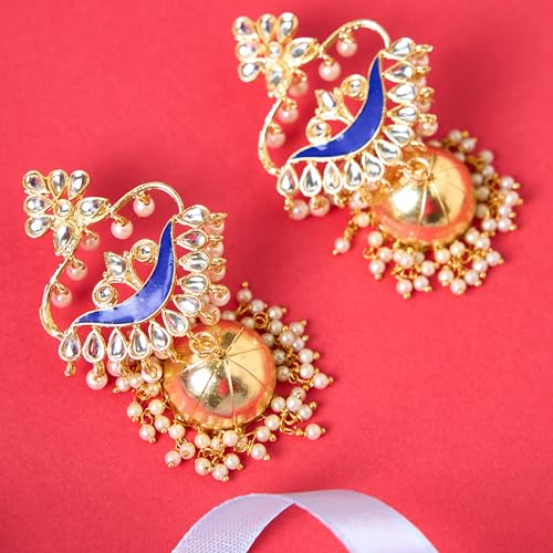 Moonstruck Traditional Indian Dome Shaped Lightweight Golden Jhumka/Jhumki Dangle Drop Earrings with Meenakari & Pearls for Women (Blue) - www.MoonstruckINC.com