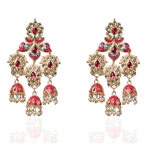 Moonstruck Traditional Indian Golden Chandbali/bali Jhumka Earrings with Meenakari & Pearls for Women (Rani Pink) - www.MoonstruckINC.com