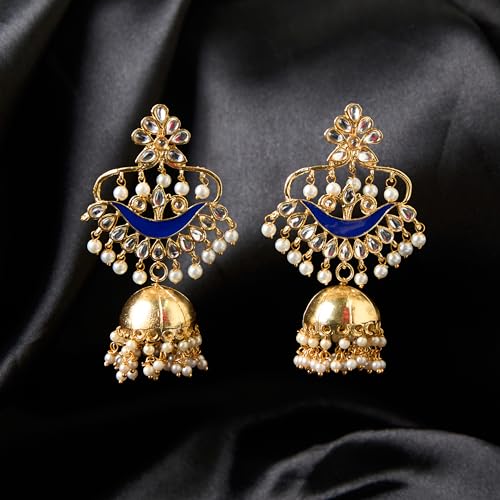Moonstruck Traditional Indian Dome Shaped Lightweight Golden Jhumka/Jhumki Dangle Drop Earrings with Meenakari & Pearls for Women (Blue) - www.MoonstruckINC.com