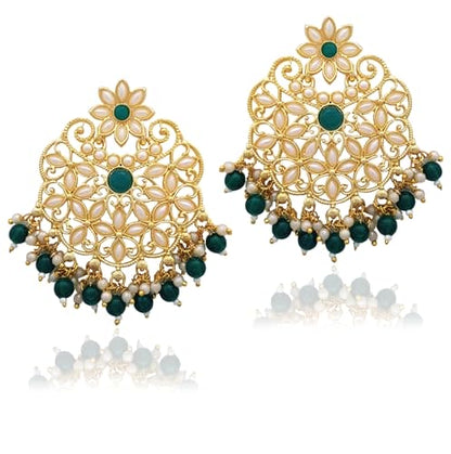 Moonstruck Traditional Indian Chandbali Floral Kundan Earrings With Pearls for Women (Green) - www.MoonstruckINC.com