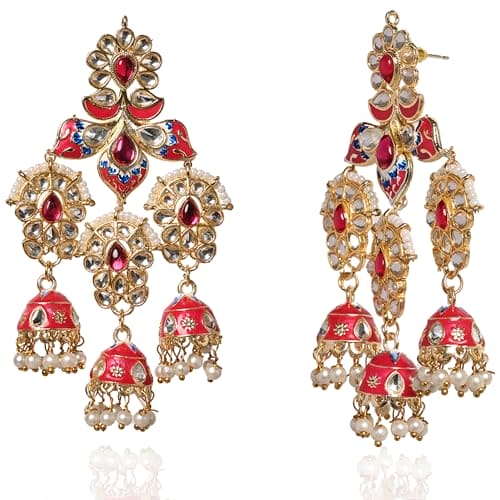 Moonstruck Traditional Indian Golden Chandbali/bali Jhumka Earrings with Meenakari & Pearls for Women (Rani Pink) - www.MoonstruckINC.com