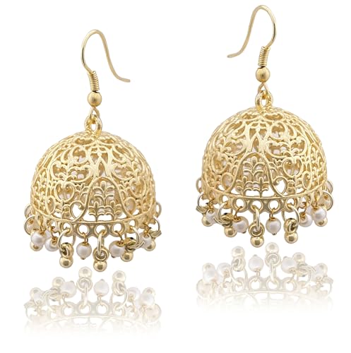 Moonstruck Traditional Indian Golden Jhumka Earrings for Women/Golden Ethnic Jhumki Earrings with Pearl Beads (Gold) - www.MoonstruckINC.com