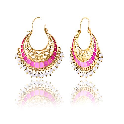 Moonstruck Traditional Indian Gold Plated Alloy Meenakari Chandbali Hoop Earrings for Women (Pink) - www.MoonstruckINC.com