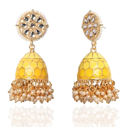 Moonstruck Traditional Indian Dome Shaped Golden Jhumka/Jhumki Earrings with Meenakari & Pearls for Women (Yellow) - www.MoonstruckINC.com
