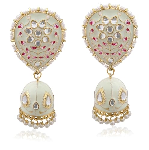 Moonstruck Traditional Indian Gold/Golden Jhumka/Jhumki Earrings With Pearls For Women (Light Green Enamel) - www.MoonstruckINC.com