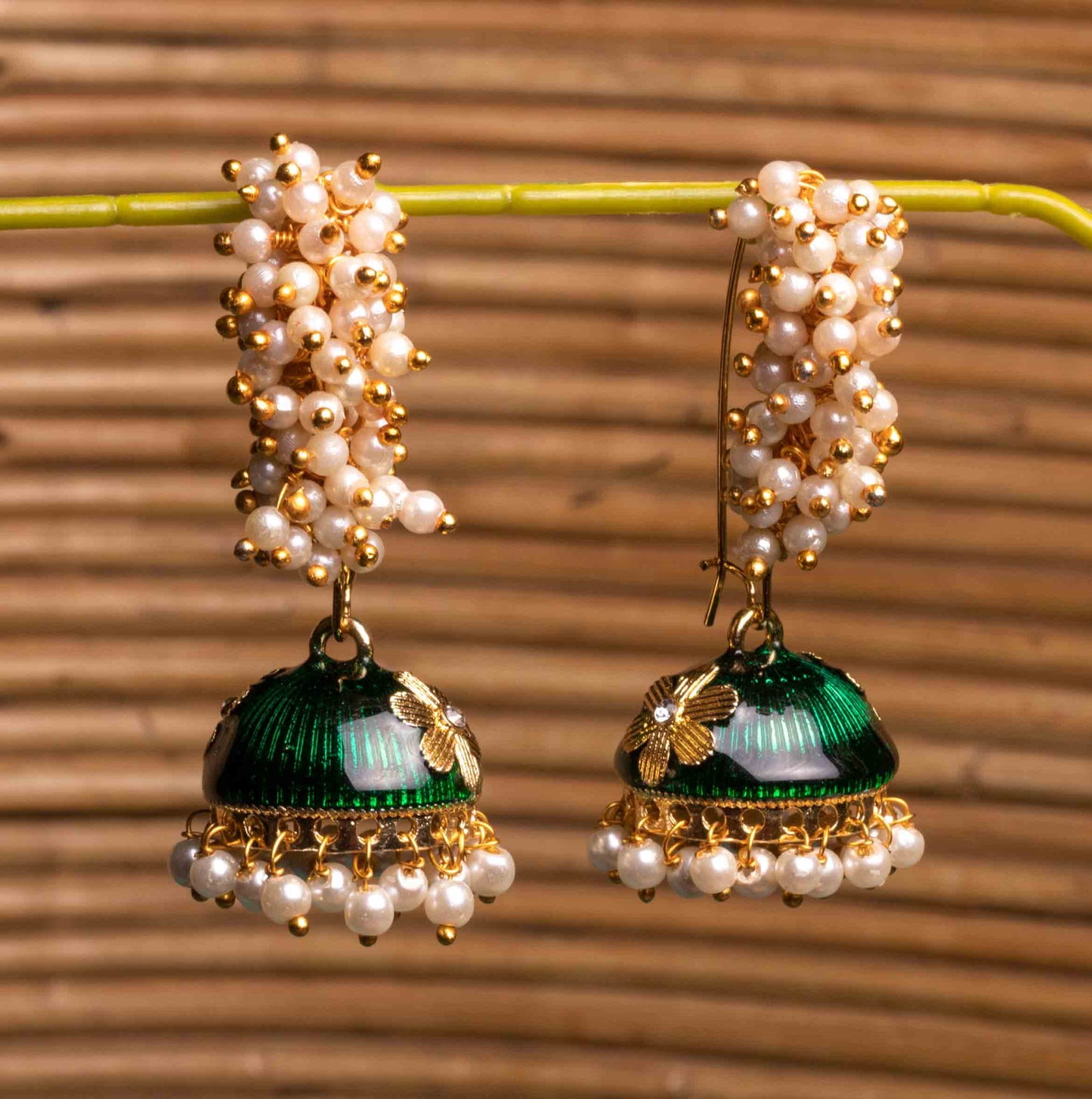 Moonstruck Girls/Women's Non-Precious Base Metal and Pearl Jhumki Earrings (Green) - www.MoonstruckINC.com